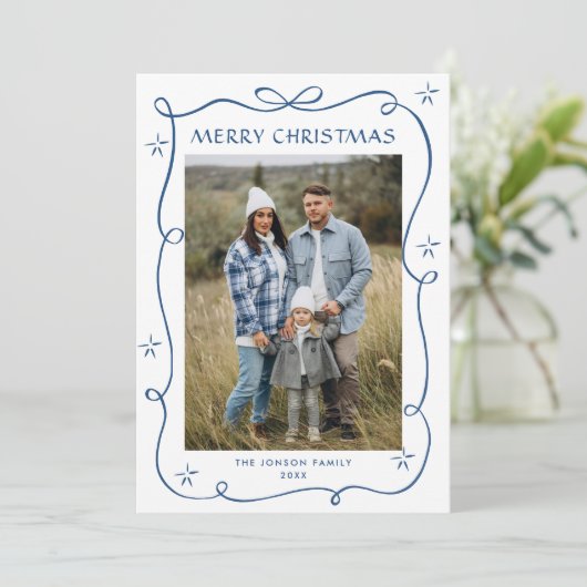 Funky Blue Christmas Bow Ribbon 3 Photo シーズンカード (スタンド正面)