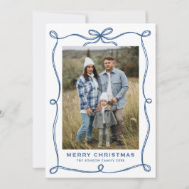 Funky Blue Merry Christmas Bow Ribbon 5 Photo シーズンカード