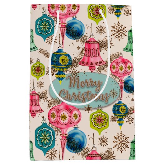 Funky Bright Retro Christmas ミディアムペーパーバッグ (正面)