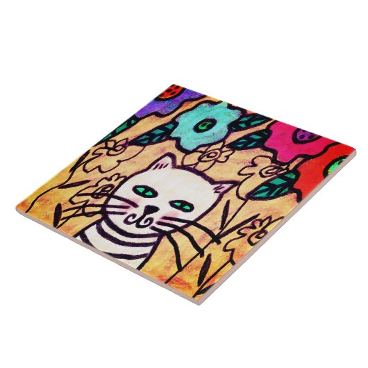 Funky Cat with Flowers Abstract Art タイル (側面)
