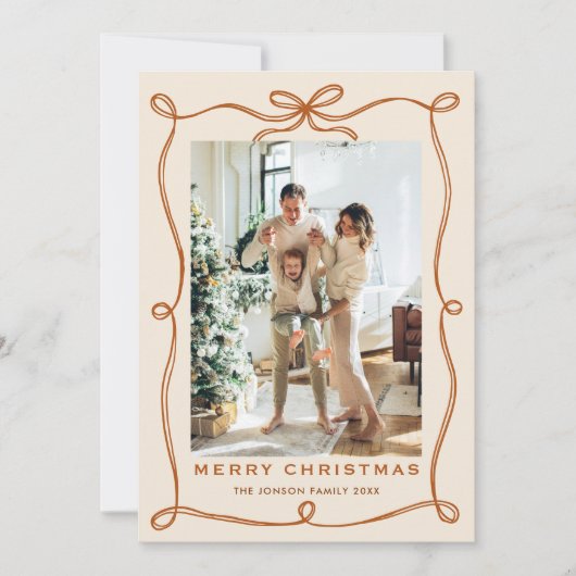 Funky Christmas Boho Beige Bow Ribbon 2 Photo シーズンカード (正面)