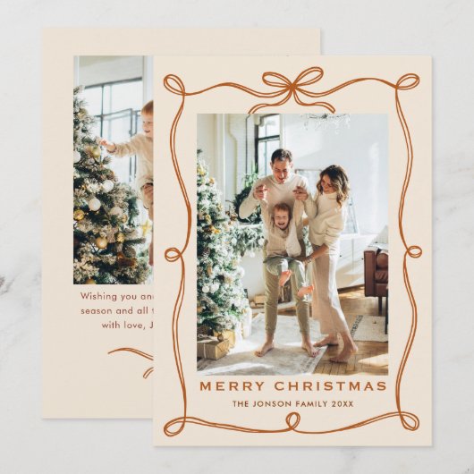 Funky Christmas Boho Beige Bow Ribbon 2 Photo シーズンカード (正面/裏面)