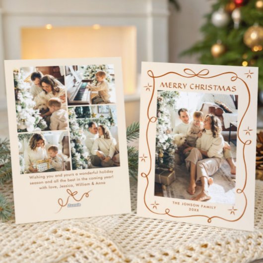 Funky Christmas Boho Beige Bow Ribbon 5 Photo シーズンカード