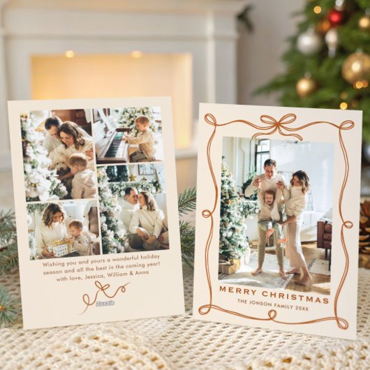 Funky Christmas Boho Beige Bow Ribbon 5 Photo シーズンカード