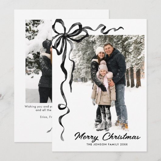 Funky Christmas Boho Black Bow Ribbon 2 Photo シーズンカード (正面/裏面)