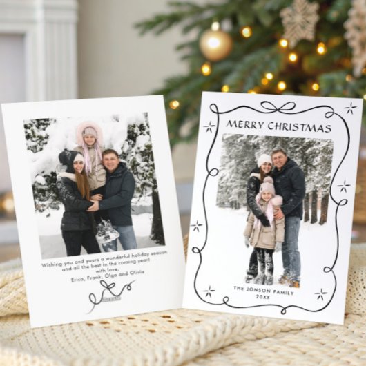 Funky Christmas Boho Black Bow Ribbon 2 Photo シーズンカード