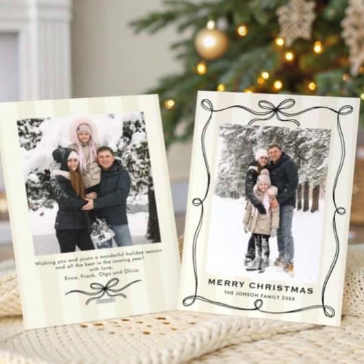 Funky Christmas Boho Black Bow Ribbon 2 Photo シーズンカード