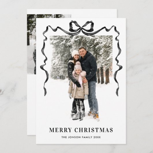Funky Christmas Boho Black Bow Ribbon 3 Photo シーズンカード (正面/裏面)