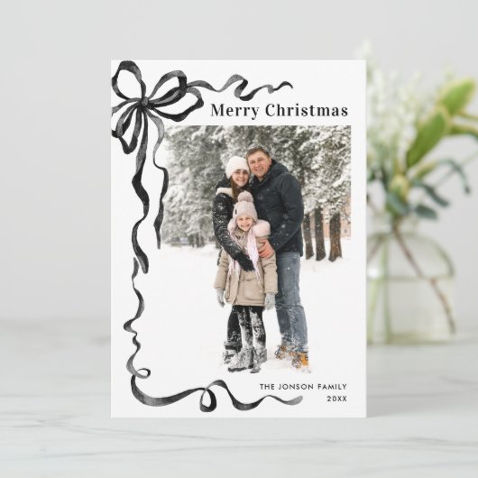 Funky Christmas Boho Black Bow Ribbon 5 Photo シーズンカード (スタンド正面)