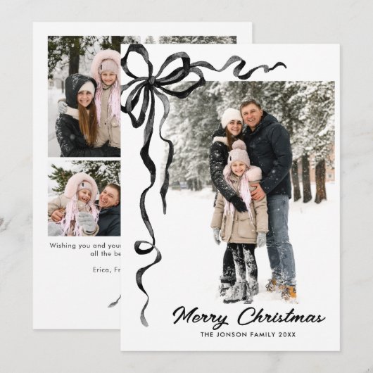 Funky Christmas Boho Black Bow Ribbon 5 Photo シーズンカード (正面/裏面)