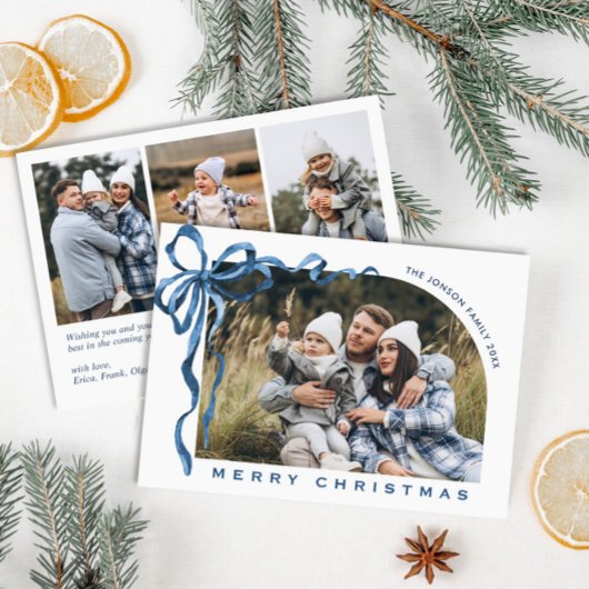 Funky Christmas Boho Blue Bow Ribbon 4 Photo シーズンカード