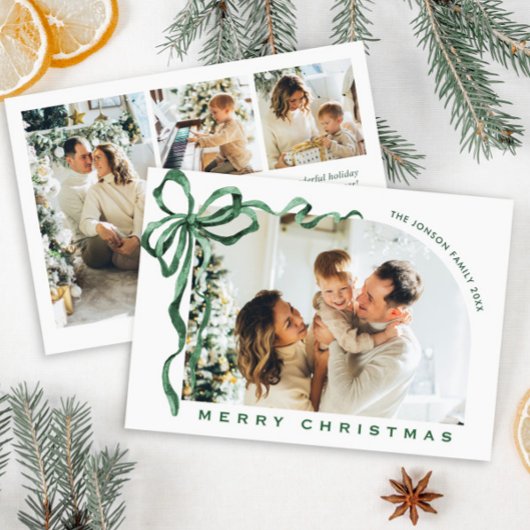 Funky Christmas Boho Green Bow Ribbon 4 Photo シーズンカード