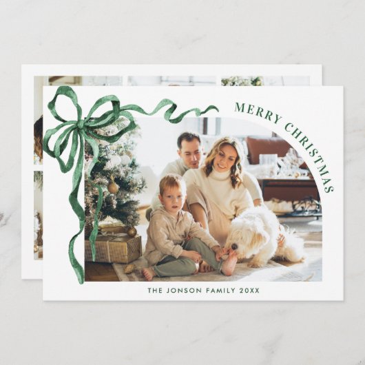 Funky Christmas Boho Green Bow Ribbon 6 Photo シーズンカード (正面/裏面)