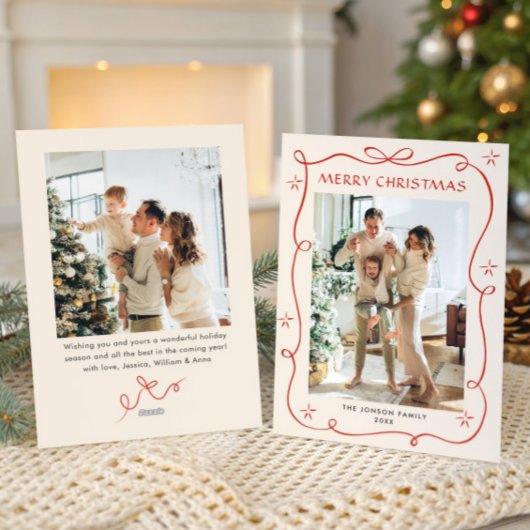 Funky Christmas Boho Red Bow Ribbon 2 Photo シーズンカード