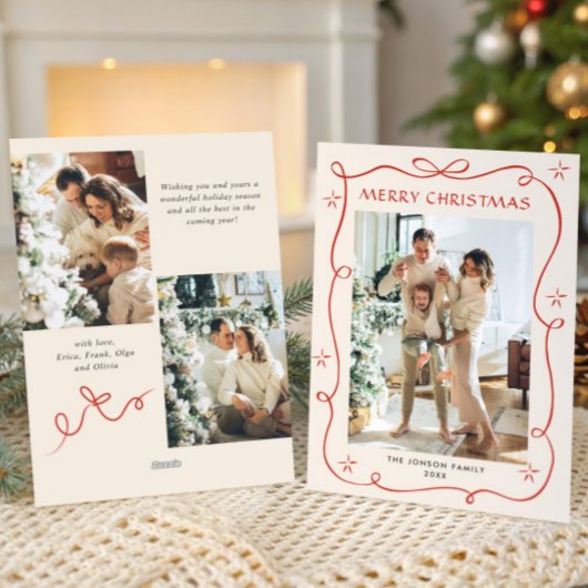 Funky Christmas Boho Red Bow Ribbon 3 Photo シーズンカード