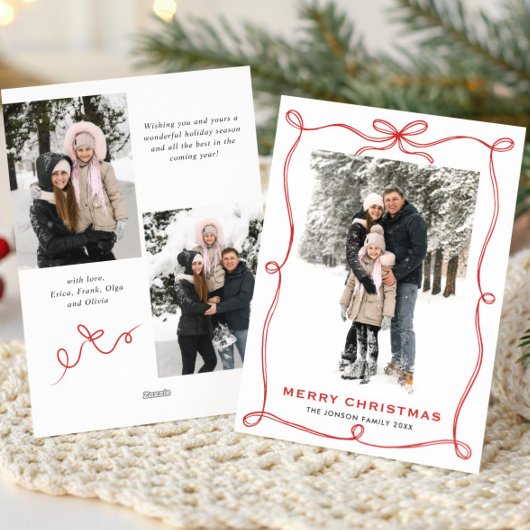 Funky Christmas Boho Red Bow Ribbon 3 Photo シーズンカード