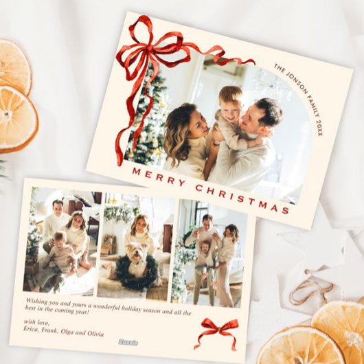 Funky Christmas Boho Red Bow Ribbon 4 Photo シーズンカード
