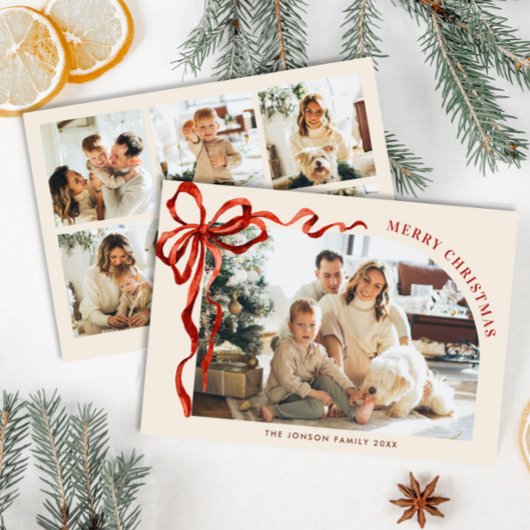Funky Christmas Boho Red Bow Ribbon 6 Photo シーズンカード