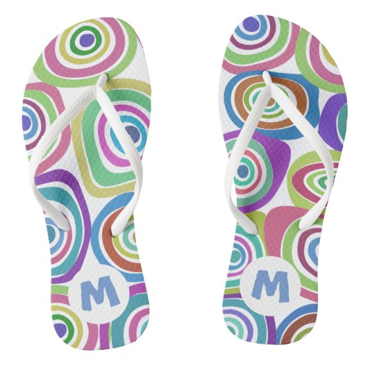 Funky Colorful Retro Circles Pattern Monogram ビーチサンダル (ソール)