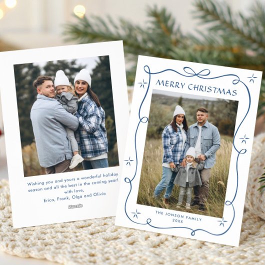 Funky Dusty Blue Christmas Bow Ribbon 2 Photo シーズンカード