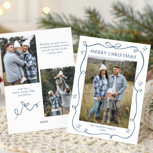 Funky Dusty Blue Christmas Bow Ribbon 3 Photo シーズンカード