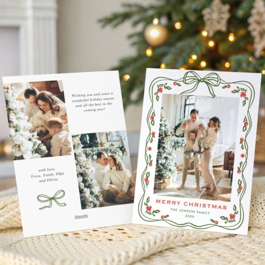 Funky Green Christmas Bow Ribbon 3 Photo シーズンカード
