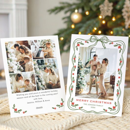 Funky Green Christmas Bow Ribbon 5 Photo シーズンカード