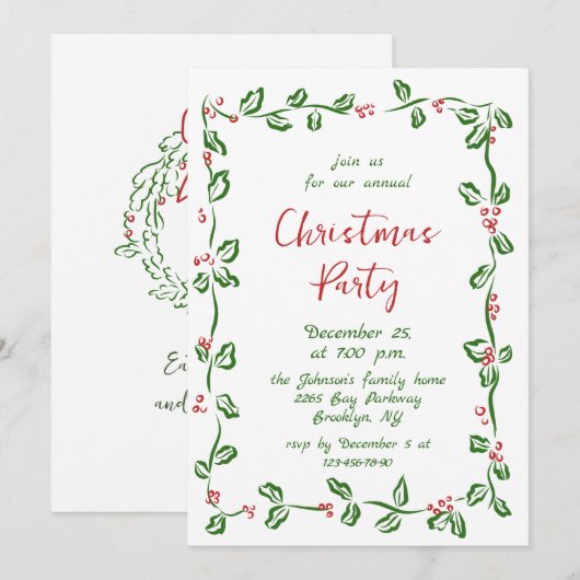 Funky Hand Drawn Whimsical Christmas Holiday Party 招待状 (正面/裏面)