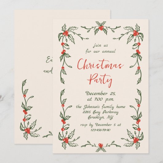 Funky Hand Drawn Whimsical Christmas Holiday Party 招待状 (正面/裏面)