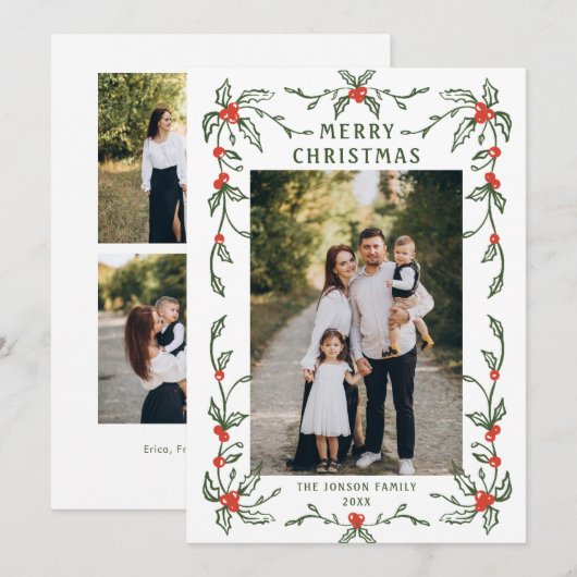 Funky Hand Drawn Whimsical Retro Christmas 3 Photo シーズンカード (正面/裏面)