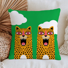 Funky Leopards on Bright Green Maximalist Animal クッション