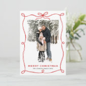 Funky Merry Christmas Boho Red Bow Ribbon 2 Photo シーズンカード (スタンド正面)