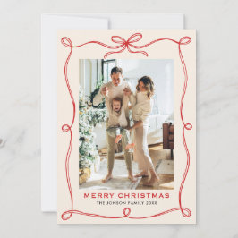 Funky Merry Christmas Boho Red Bow Ribbon 2 Photo シーズンカード