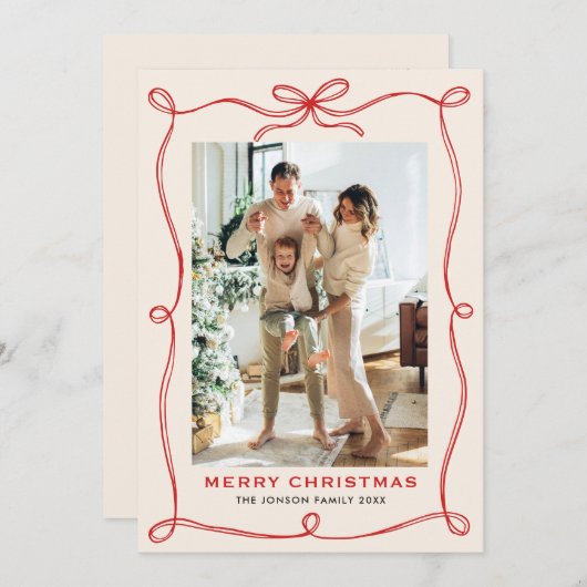 Funky Merry Christmas Boho Red Bow Ribbon 2 Photo シーズンカード (正面/裏面)