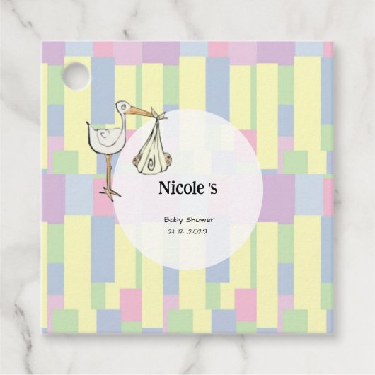 Funky Retro Cubism Stork Delivery Baby Shower フェイバータグ (正面)