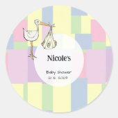 Funky Retro Cubism Stork Delivery Baby Shower ラウンドシール (正面)