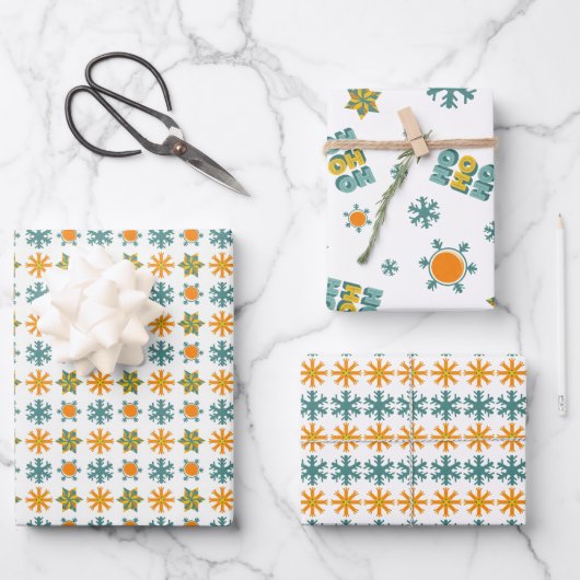 Funky Retro Nordic Teal Orange Snowflake Ho Ho Ho ラッピングペーパーシート (正面)