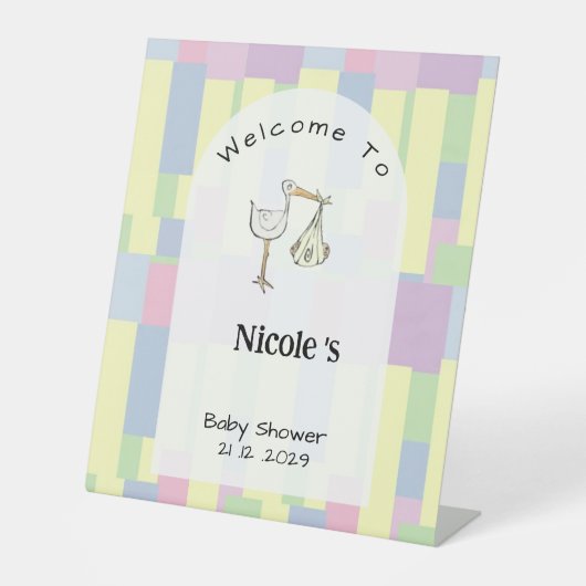 Funky Retro Stork Delivery Baby Shower Welcome  台座サイン (正面)