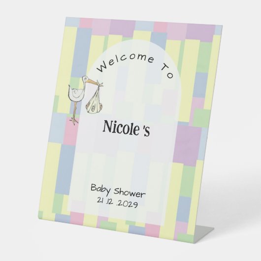Funky Retro Stork Delivery Baby Shower Welcome  台座サイン (正面)