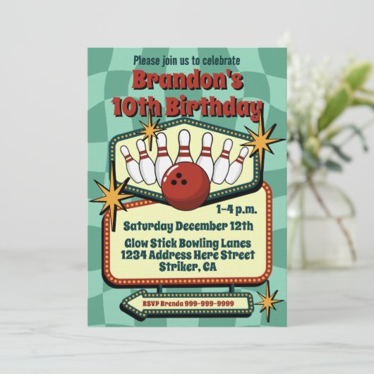 Funky Retro Vibes Tween Bowling Birthday 招待状 (スタンド正面)