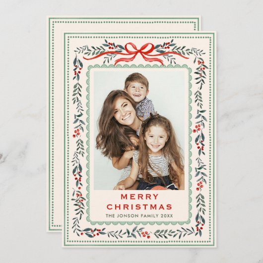 Funky Sage Green Christmas Bow Ribbon 2 Photo シーズンカード (正面/裏面)