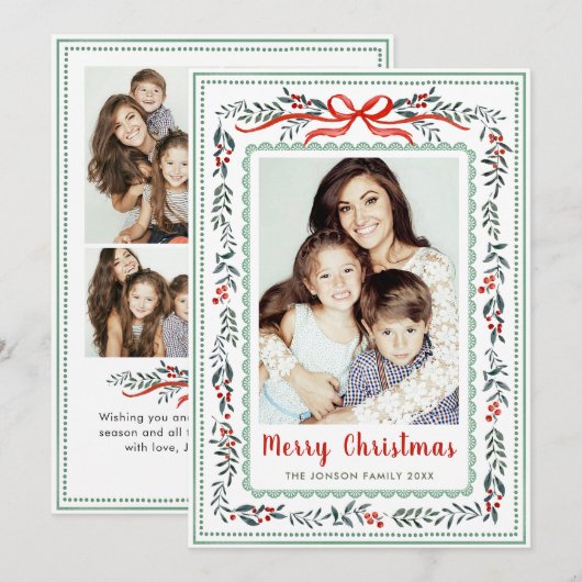Funky Sage Green Christmas Bow Ribbon 5 Photo シーズンカード (正面/裏面)