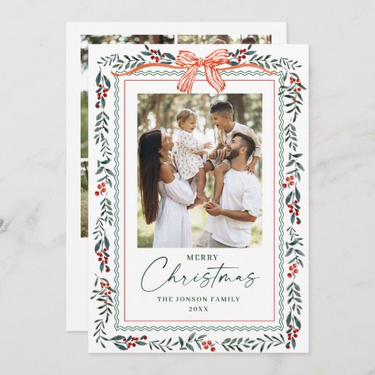 Funky Sage Green Christmas Bow Ribbon 5 Photo シーズンカード (正面/裏面)