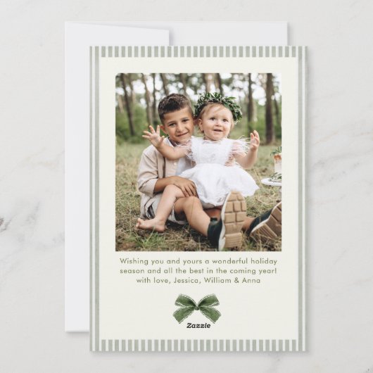 Funky Sage Green Pine Bow Frame Christmas 2 Photo シーズンカード (裏面)
