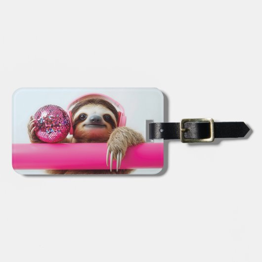 Funky Sloth with Pink Headphones and Disco Ball ラゲッジタグ (正面横)