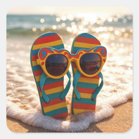 Funky Sunglasses On Flip-flops In Ocean Surf  スクエアシール (正面)