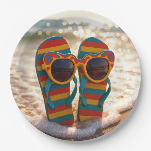 Funky Sunglasses On Flip-flops In Ocean Surf  ペーパープレート (正面)