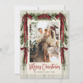 Funky Velvet Christmas Boho Red Bow 5 Photo シーズンカード (正面)