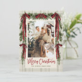 Funky Velvet Christmas Boho Red Bow 5 Photo シーズンカード (スタンド正面)