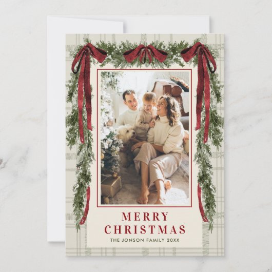 Funky Velvet Christmas Boho Red Bow 5 Photo シーズンカード (正面)